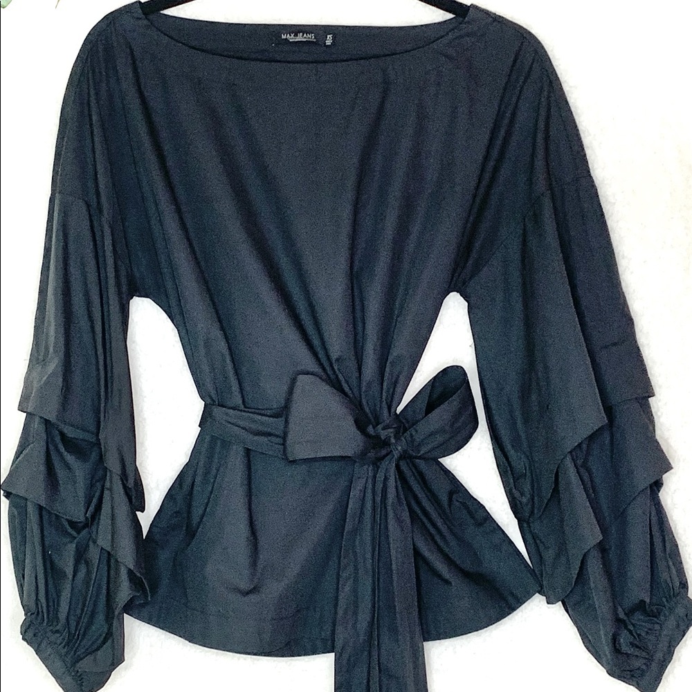 GORGEOUS Max Jeans Black Wrap Belted Puffy Sleeve Blouse XS 🖤